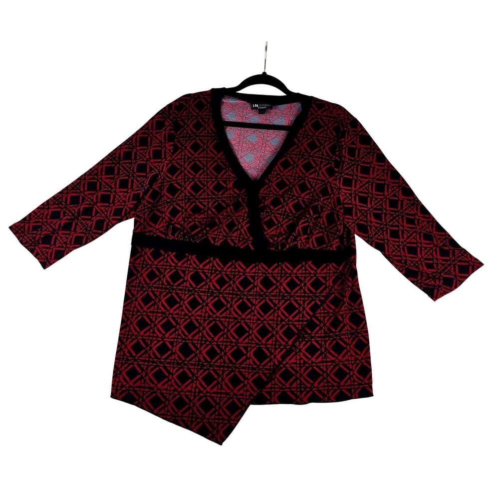 I.N. Studio Faux Wrap Blouse Women 1X Red Black Geometric V-Neck 3/4 Sleeve‎